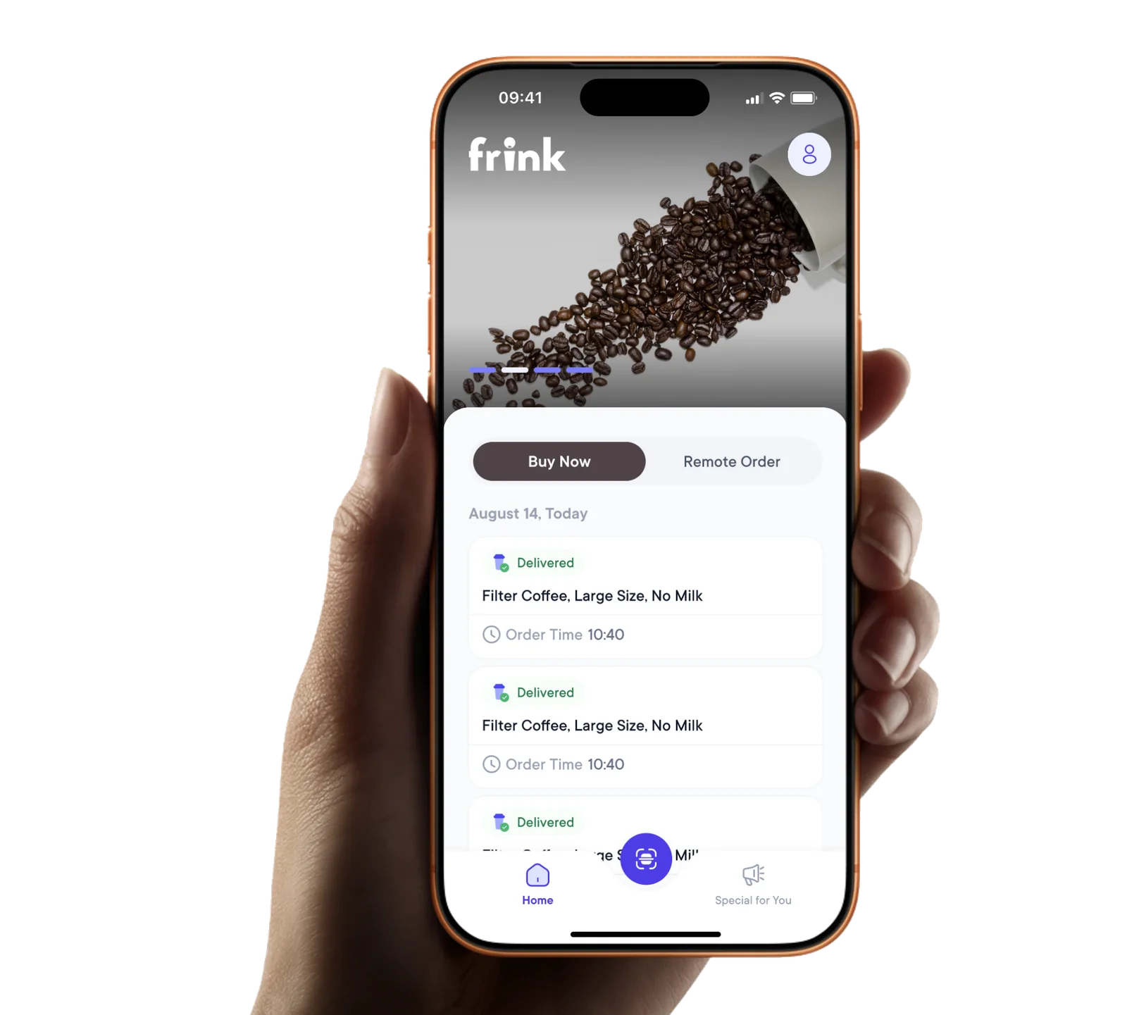 Frink mobile app shown in a hand-held phone mockup