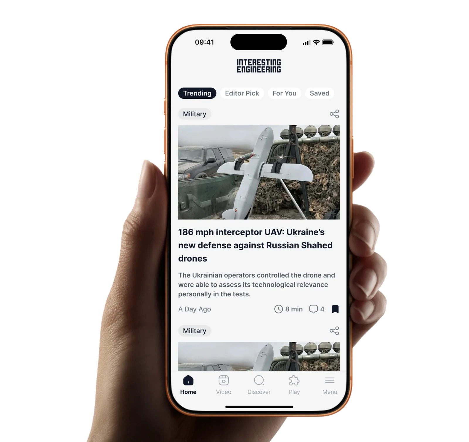 Interesting Engineering mobile app shown in a hand-held phone mockup