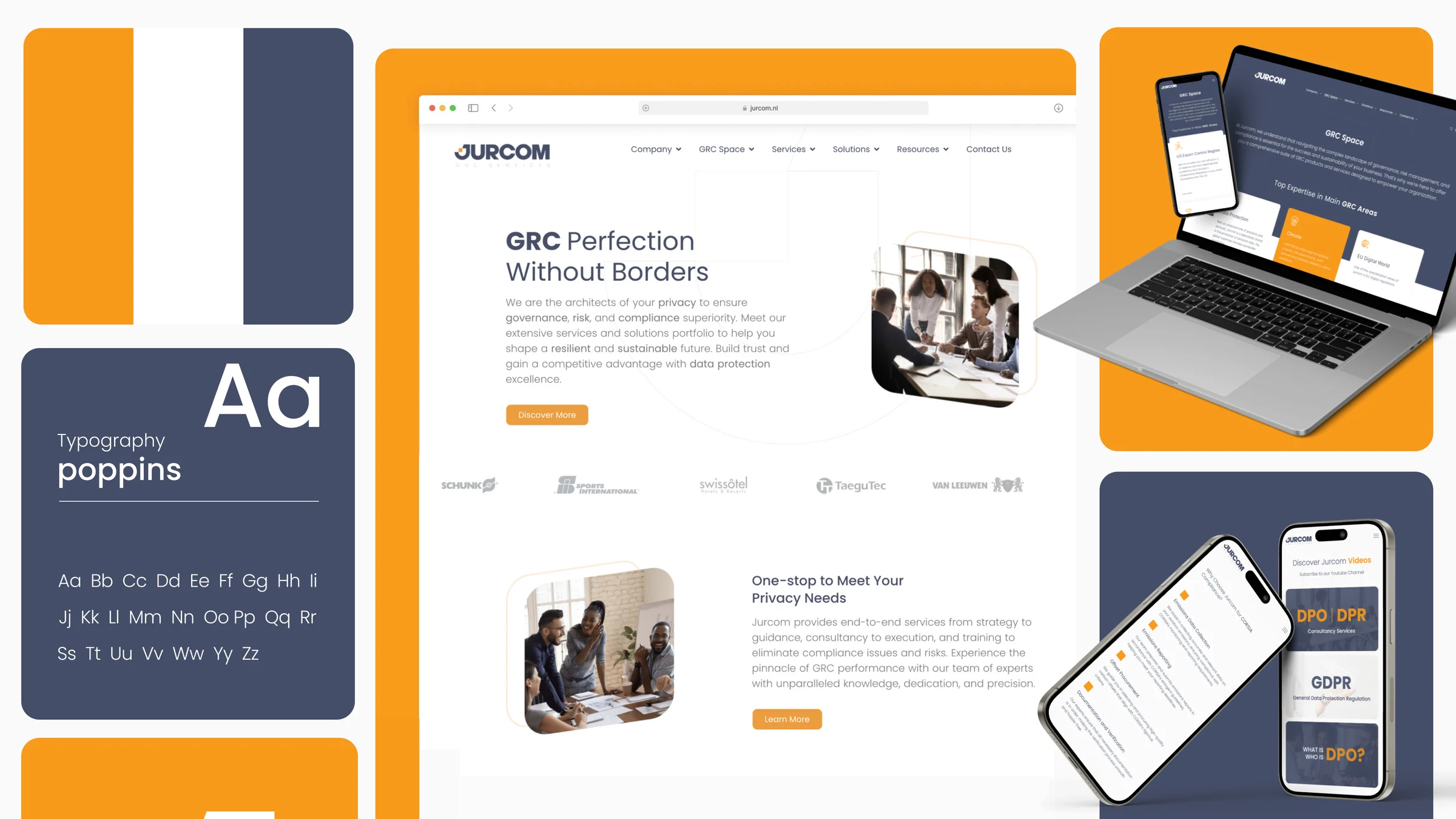 Jurcom brand system with responsive website shown on desktop and mobile devices
