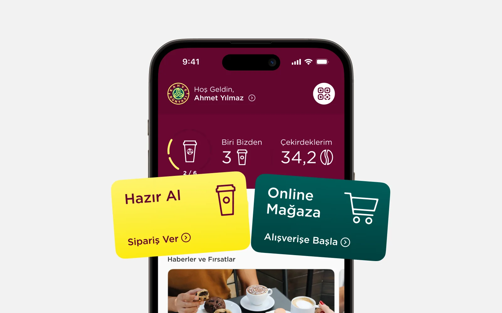 Kahve Dünyası mobile app with Hazır Al and Online Mağaza cards