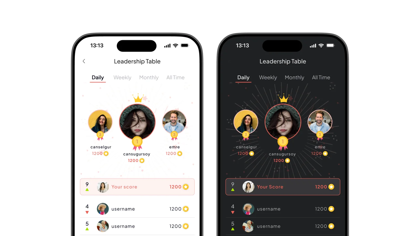 Leaderboard mobile interface shown in light and dark themes
