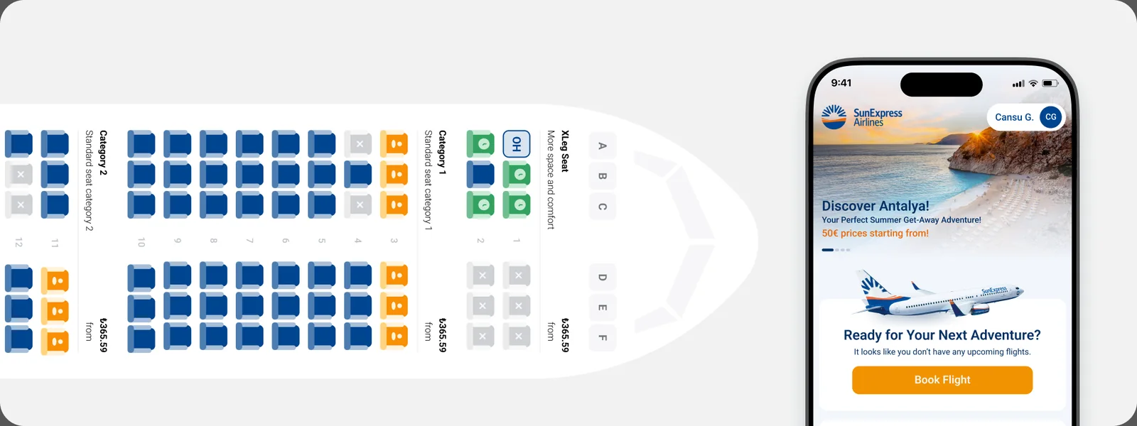 SunExpress mobile flight experience and seat selection interface