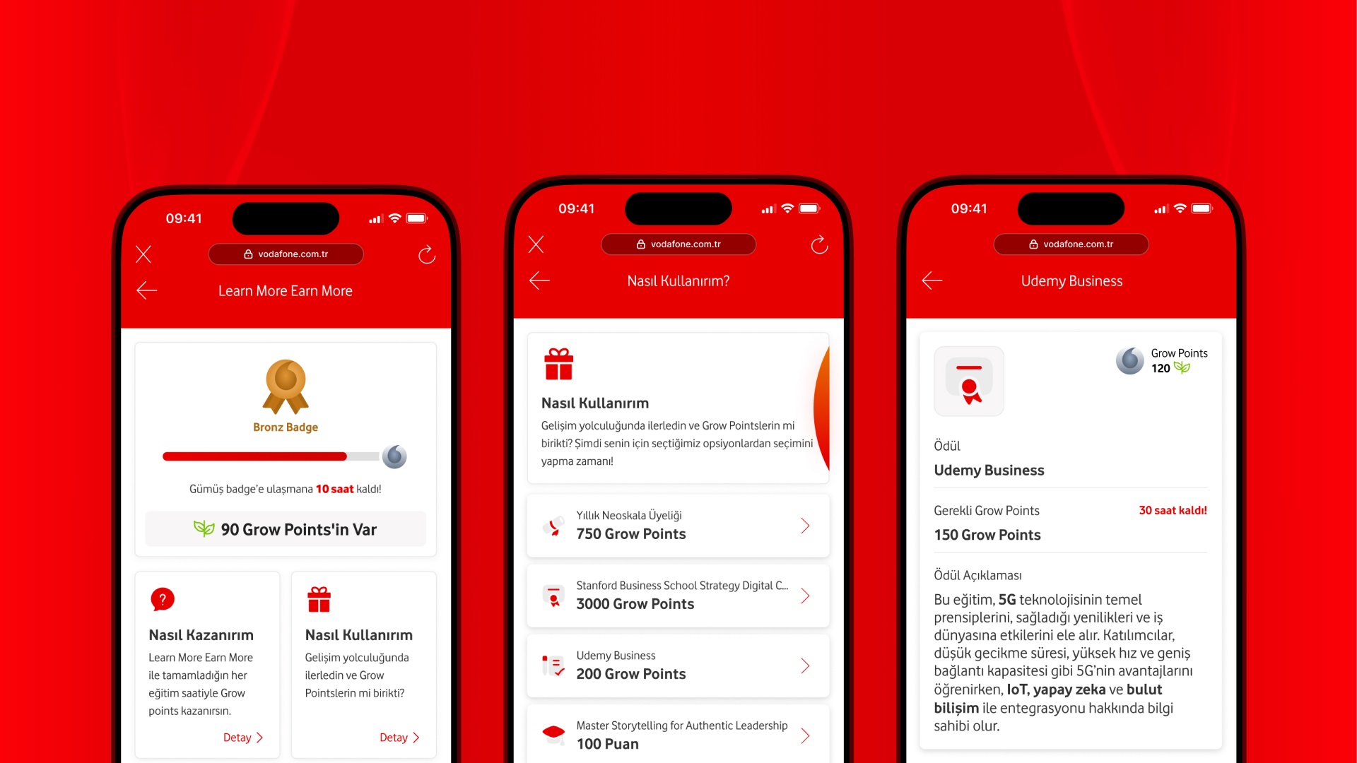 Three Vodafone employee rewards webview screens showing progress, reward discovery and reward details