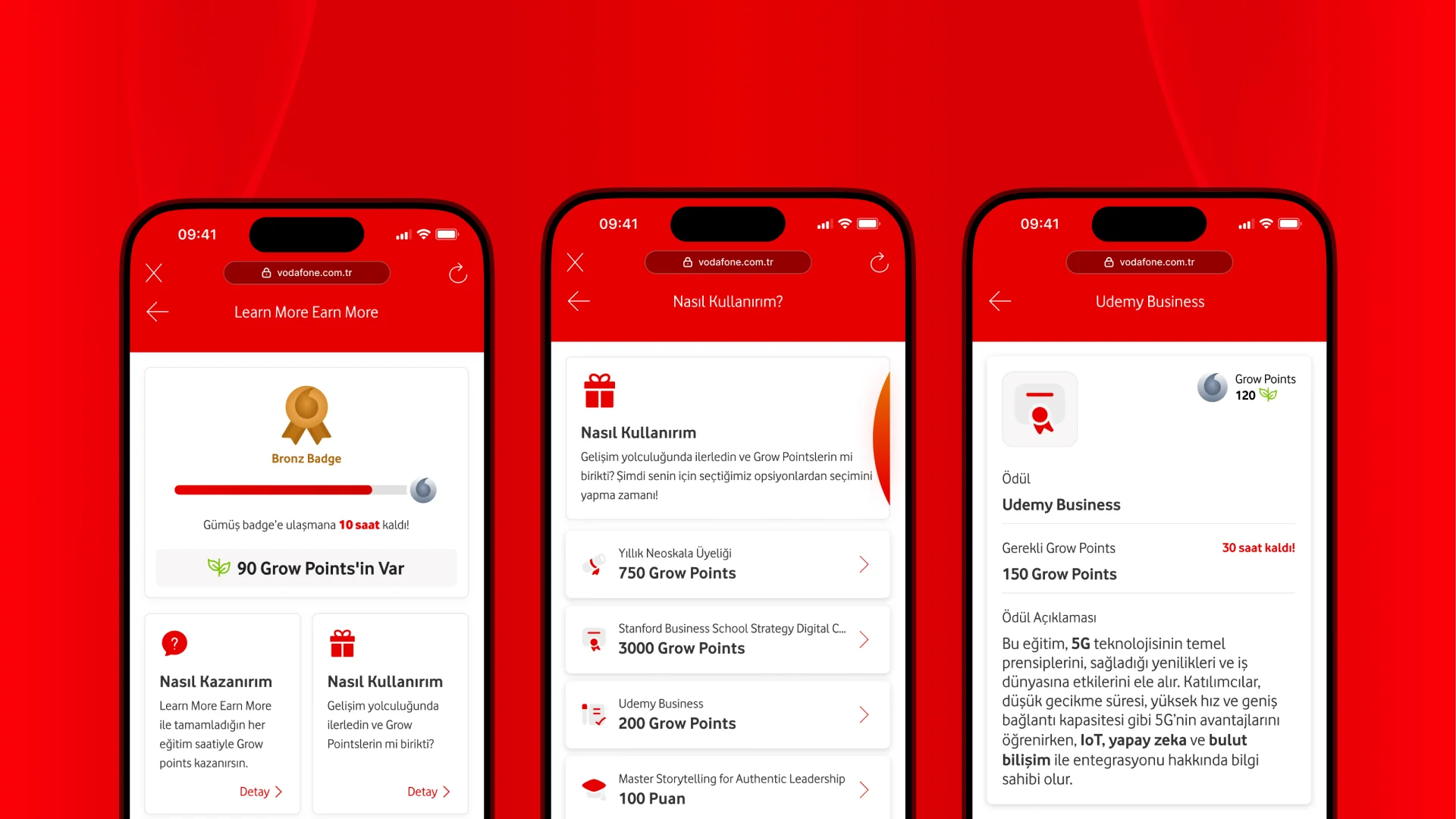 Three Vodafone employee rewards webview screens showing progress, reward discovery and reward details